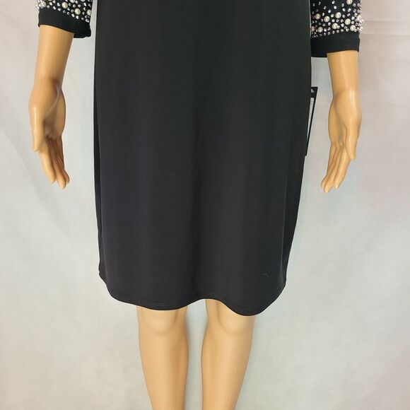 New NICOLE MILLER Woman's (M) Black Knit w/Pearl Embellishment 3/4 Sleeve Dress - Picture 3 of 13